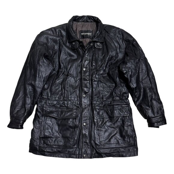 VINTAGE LEATHER Stratojac 90s Retro Genuine Leather Trench Coat Jacket Mens XL - Picture 1 of 7